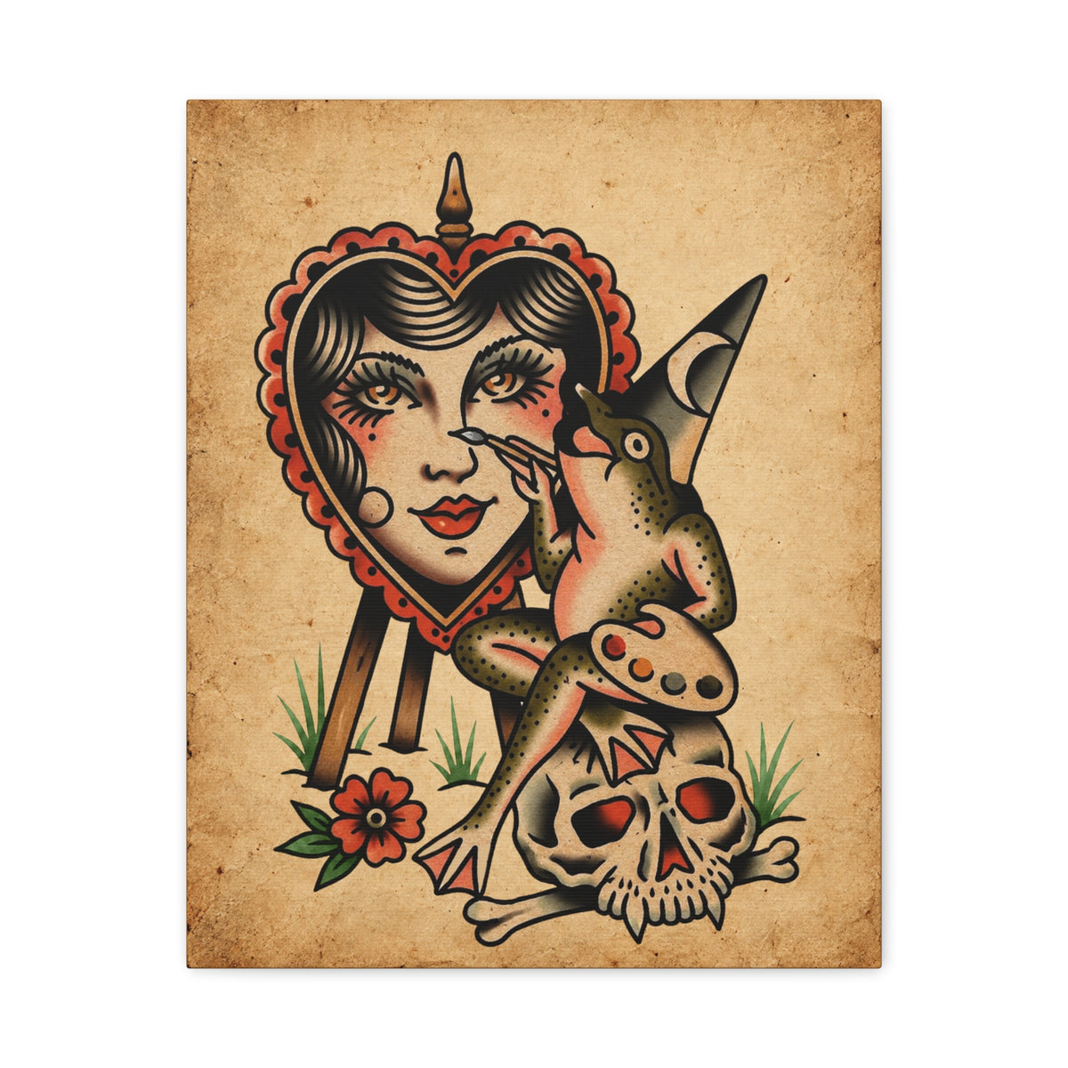 Frog Painter Tattoo Flash Canvas Wall Art