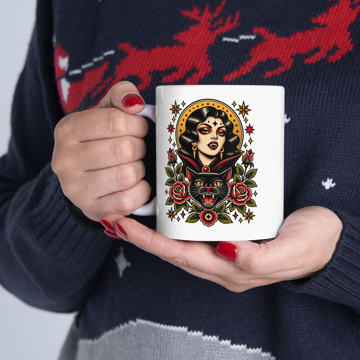 Vampire Woman & Black Cat Tattoo Flash Coffee Mug (11oz & 15oz)