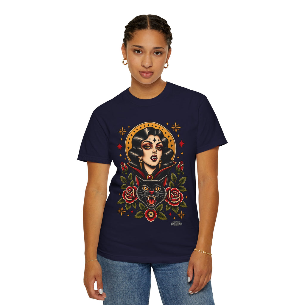 Vampire Woman & Black Cat Tattoo Flash T‑Shirt