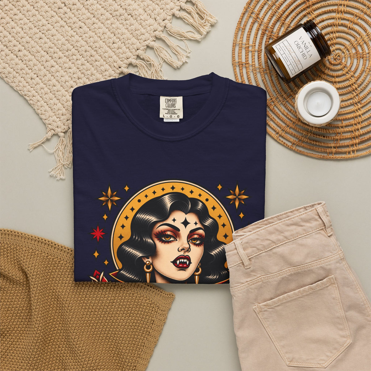 Vampire Woman & Black Cat Tattoo Flash T‑Shirt