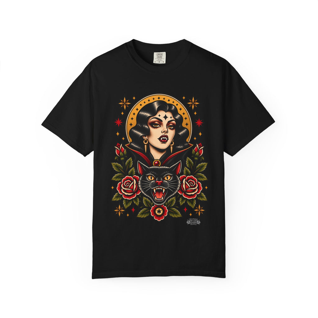 Vampire Woman & Black Cat Tattoo Flash T‑Shirt