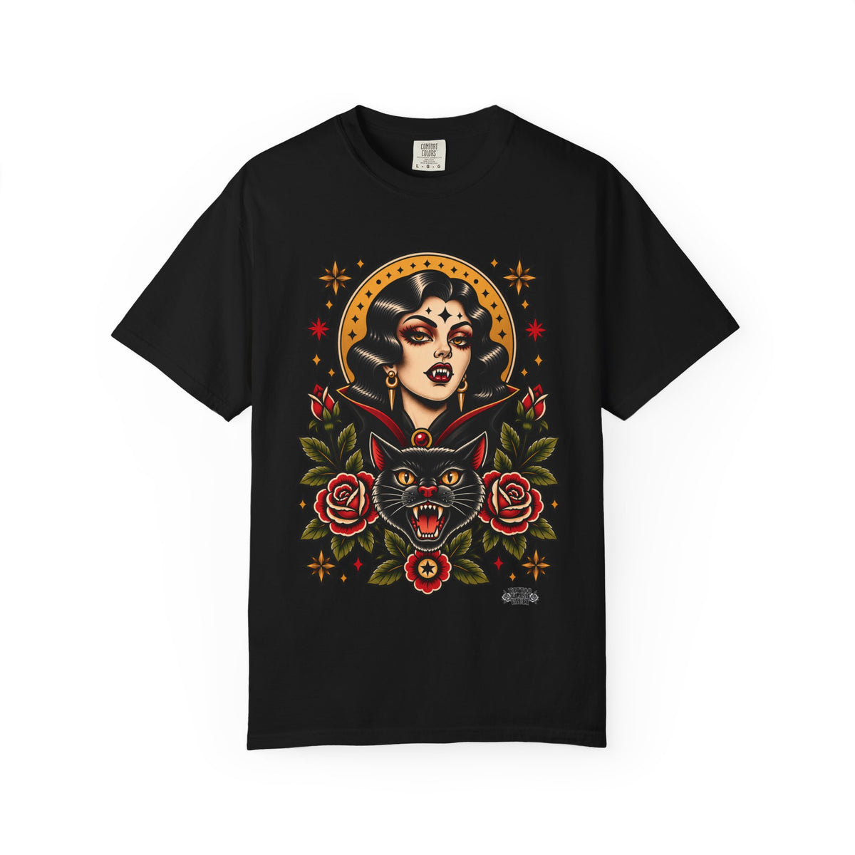 Vampire Woman & Black Cat Tattoo Flash T‑Shirt