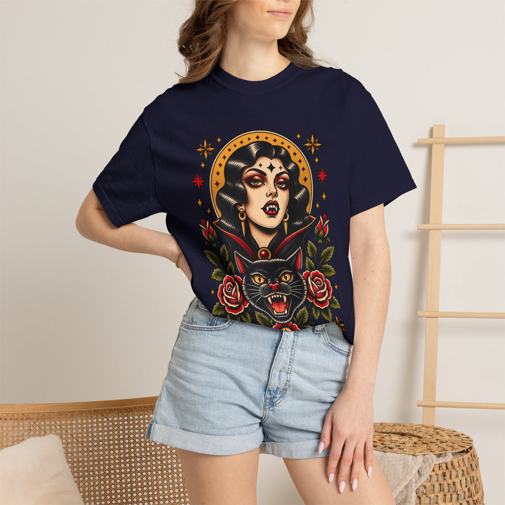 Vampire Woman & Black Cat Tattoo Flash T‑Shirt