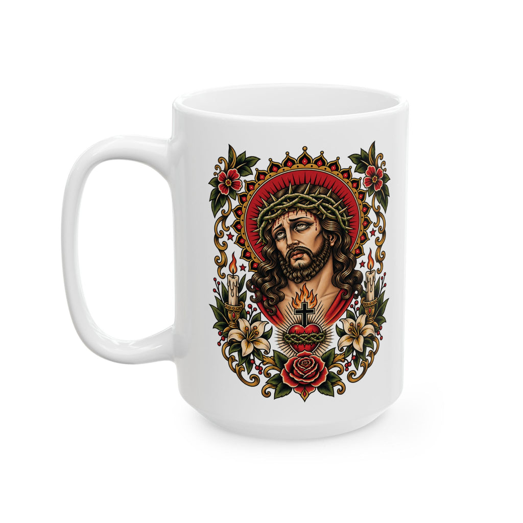 Jesus Christ Sacred Heart Tattoo Flash Ceramic Coffee Mug (11oz, 15oz)