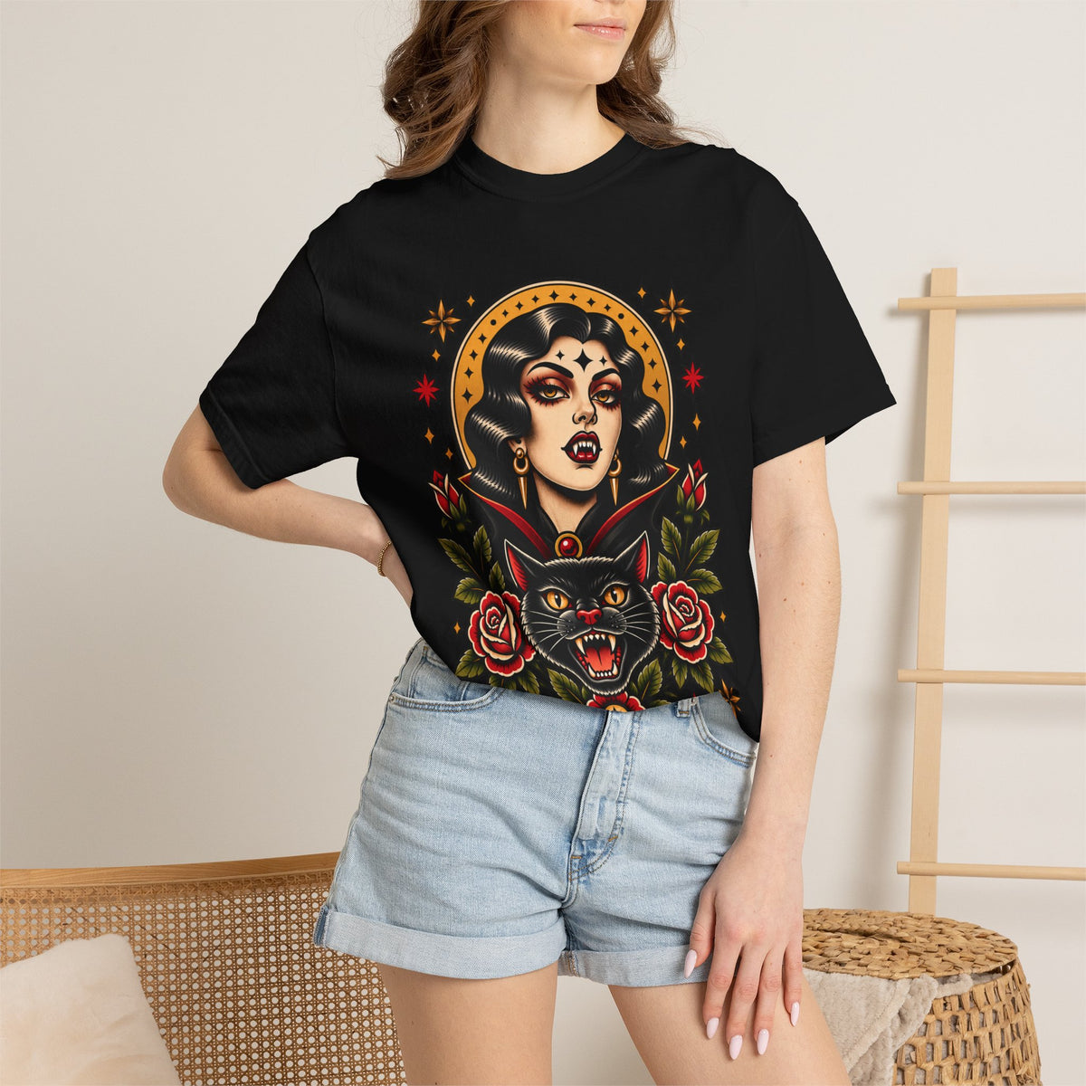 Vampire Woman & Black Cat Tattoo Flash T‑Shirt