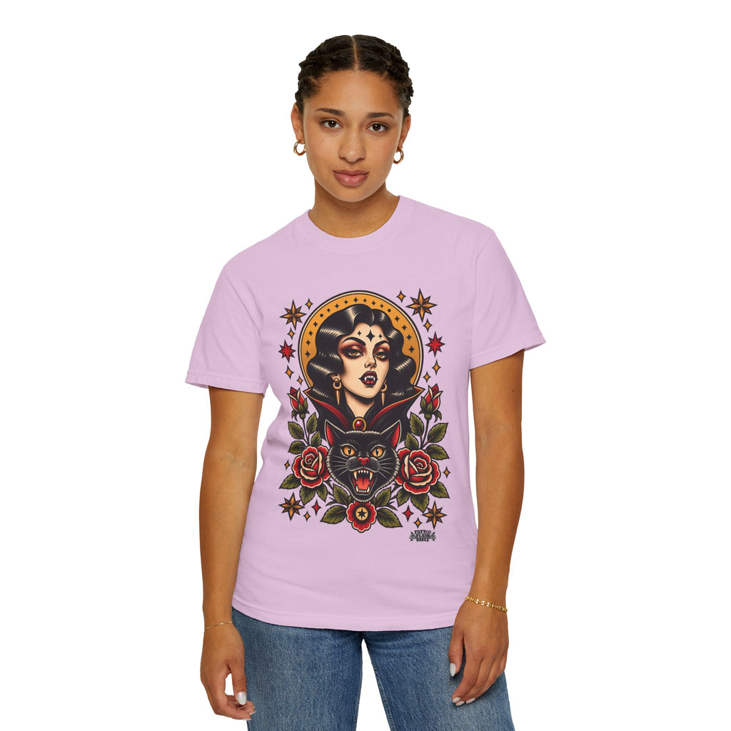 Vampire Woman & Black Cat Tattoo Flash T‑Shirt