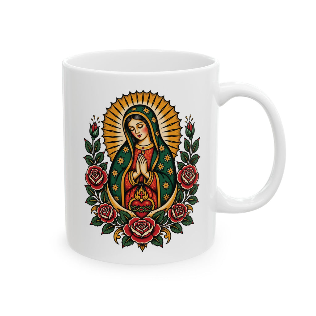 Floral Sacred Heart Ceramic Mug (11oz, 15oz) — Rose & Radiant Halo Coffee Cup