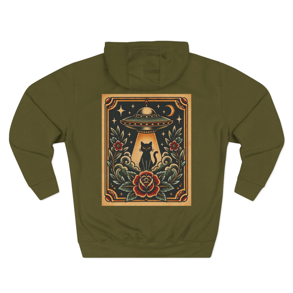 UFO& Black Cat Tattoo Flash Pullover Hoodie (Back Design)