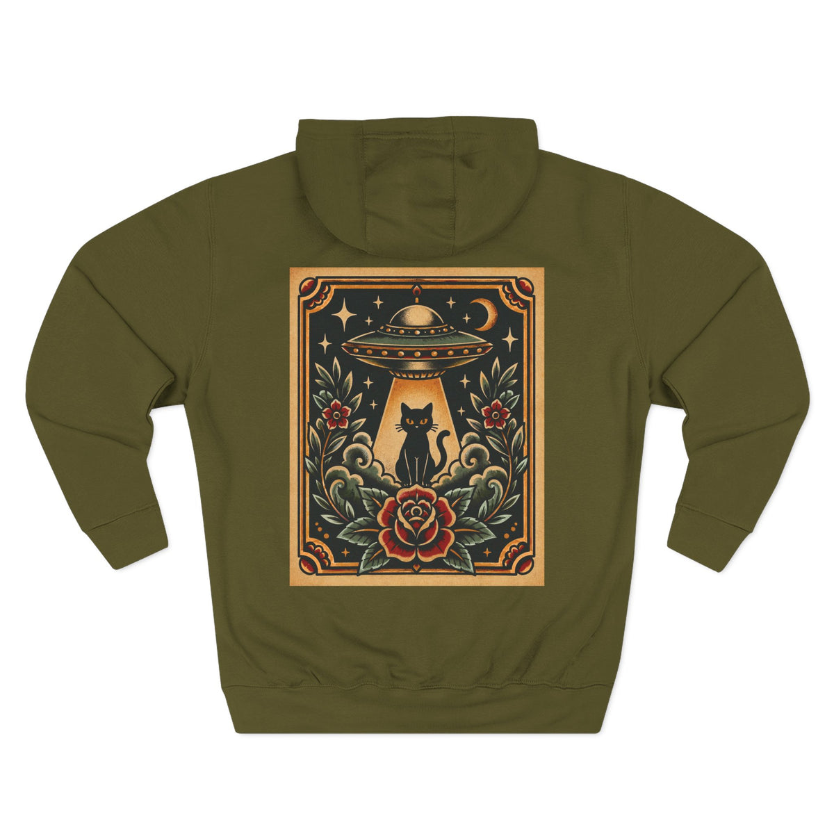 UFO& Black Cat Tattoo Flash Pullover Hoodie (Back Design)