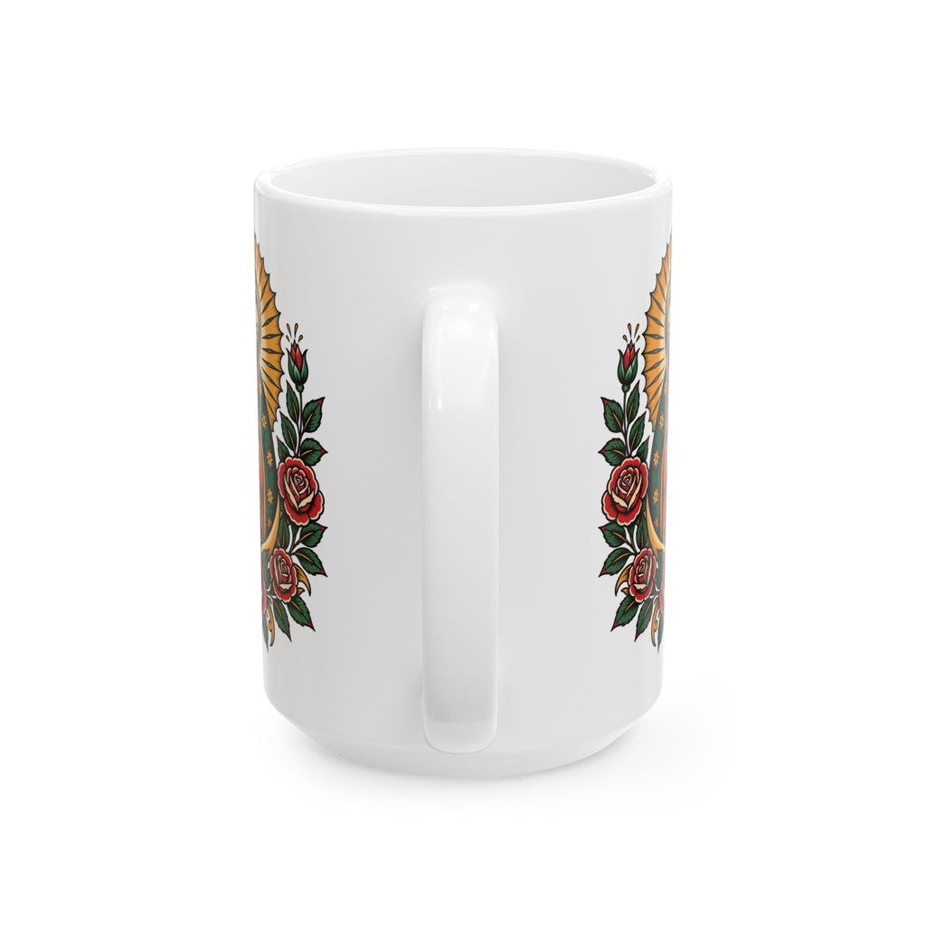 Floral Sacred Heart Ceramic Mug (11oz, 15oz) — Rose & Radiant Halo Coffee Cup