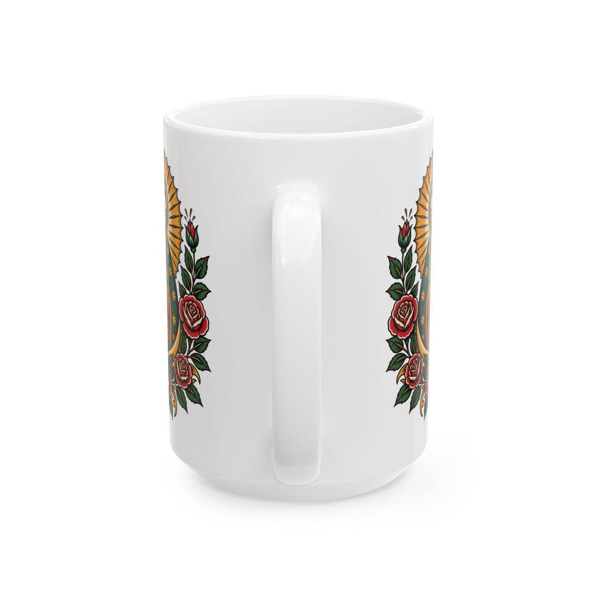 Floral Sacred Heart Ceramic Mug (11oz, 15oz) — Rose & Radiant Halo Coffee Cup