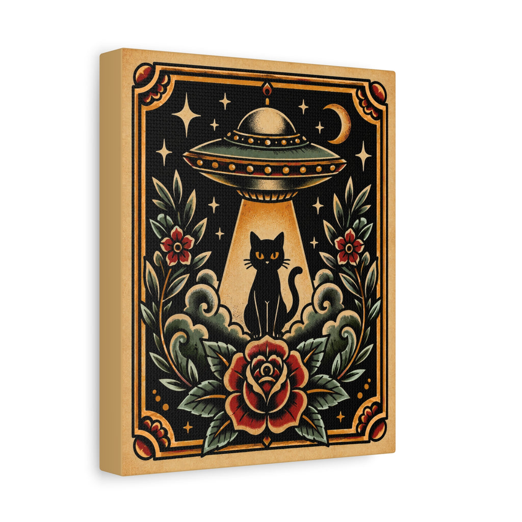 UFO & Black Cat Tattoo Flash Canvas Wall Art