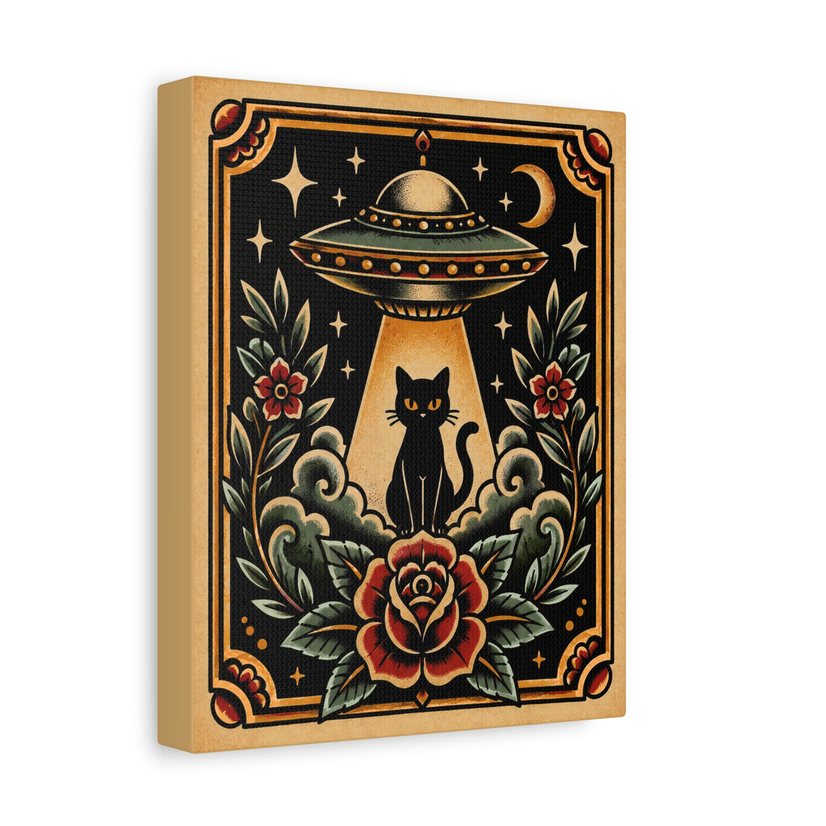 UFO & Black Cat Tattoo Flash Canvas Wall Art