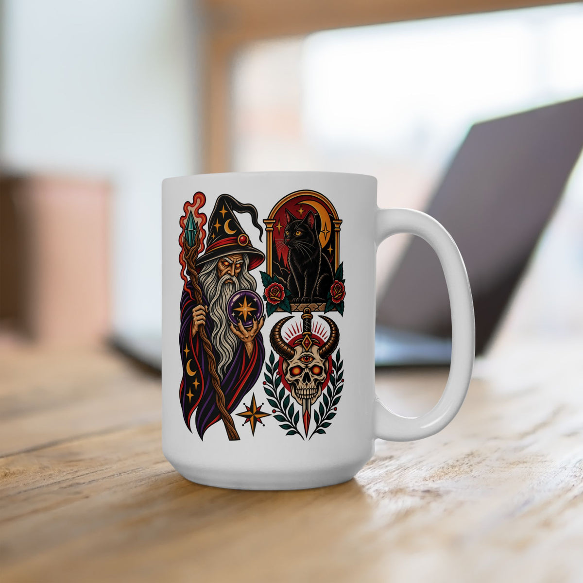 Wizard, Black Cat & Skull Tattoo Flash Coffee Mug (11oz & 15oz)