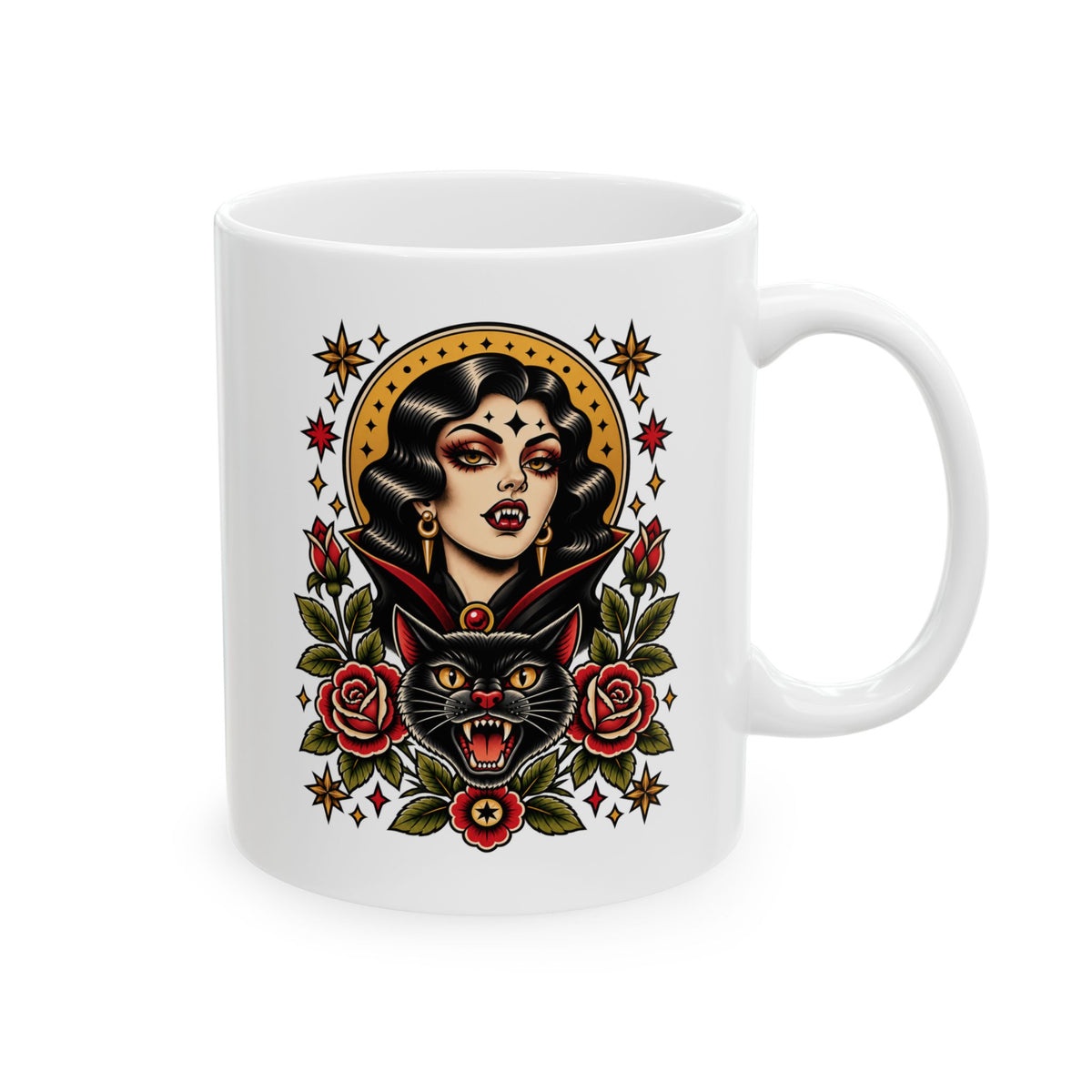 Vampire Woman & Black Cat Tattoo Flash Coffee Mug (11oz & 15oz)