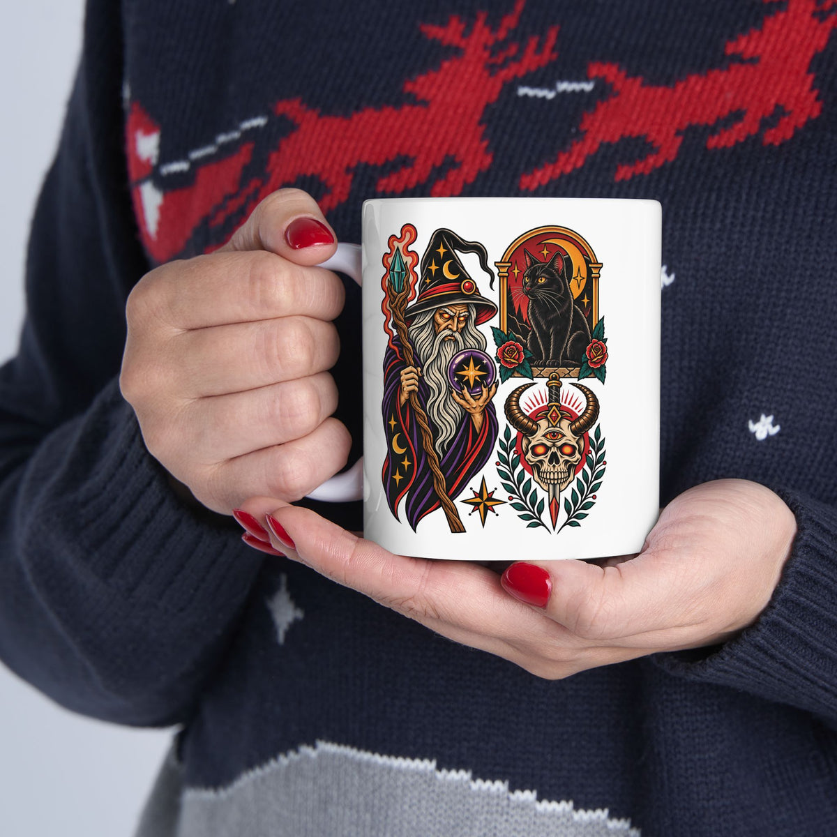 Wizard, Black Cat & Skull Tattoo Flash Coffee Mug (11oz & 15oz)