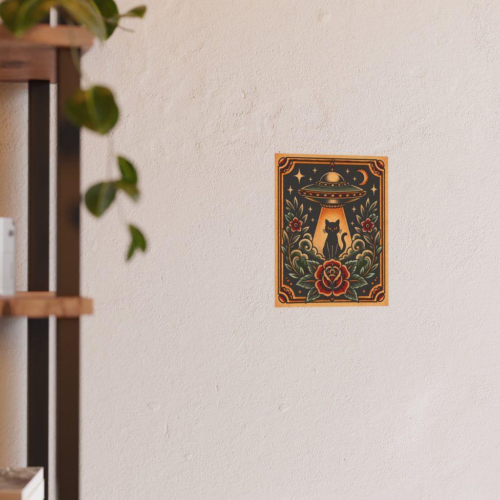 UFO & Black Cat Tattoo Flash Art Print (8x10 & 16x20)