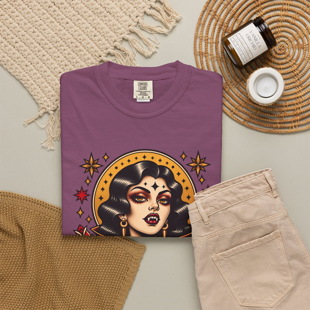 Vampire Woman & Black Cat Tattoo Flash T‑Shirt