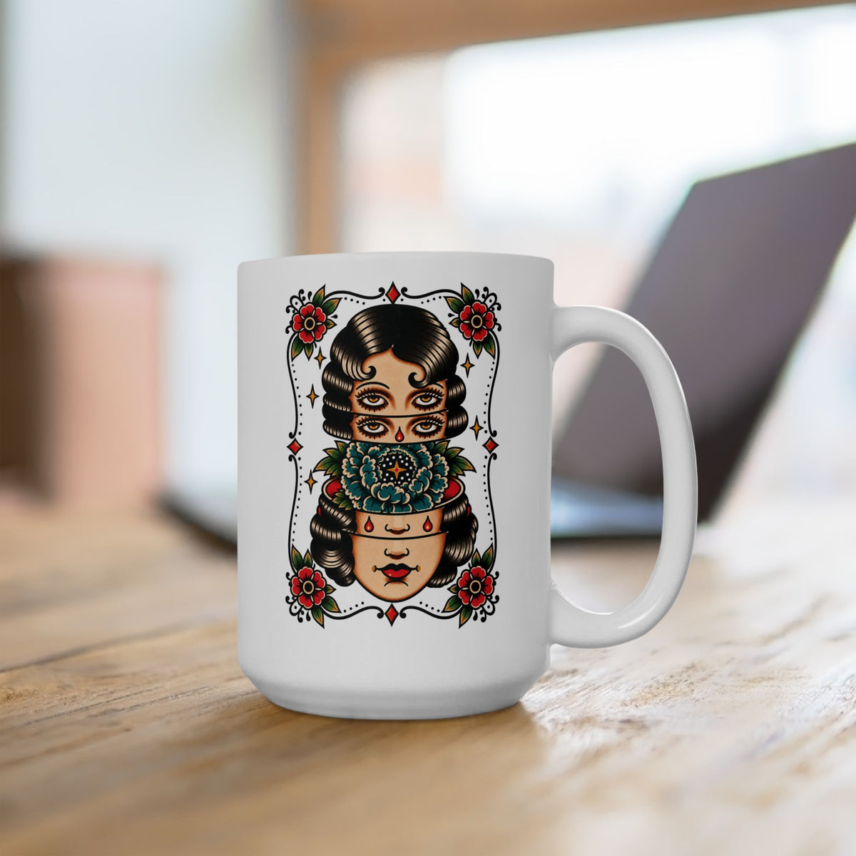 Floral Surreal Woman Tattoo Flash Ceramic Coffee Mug (11oz, 15oz)