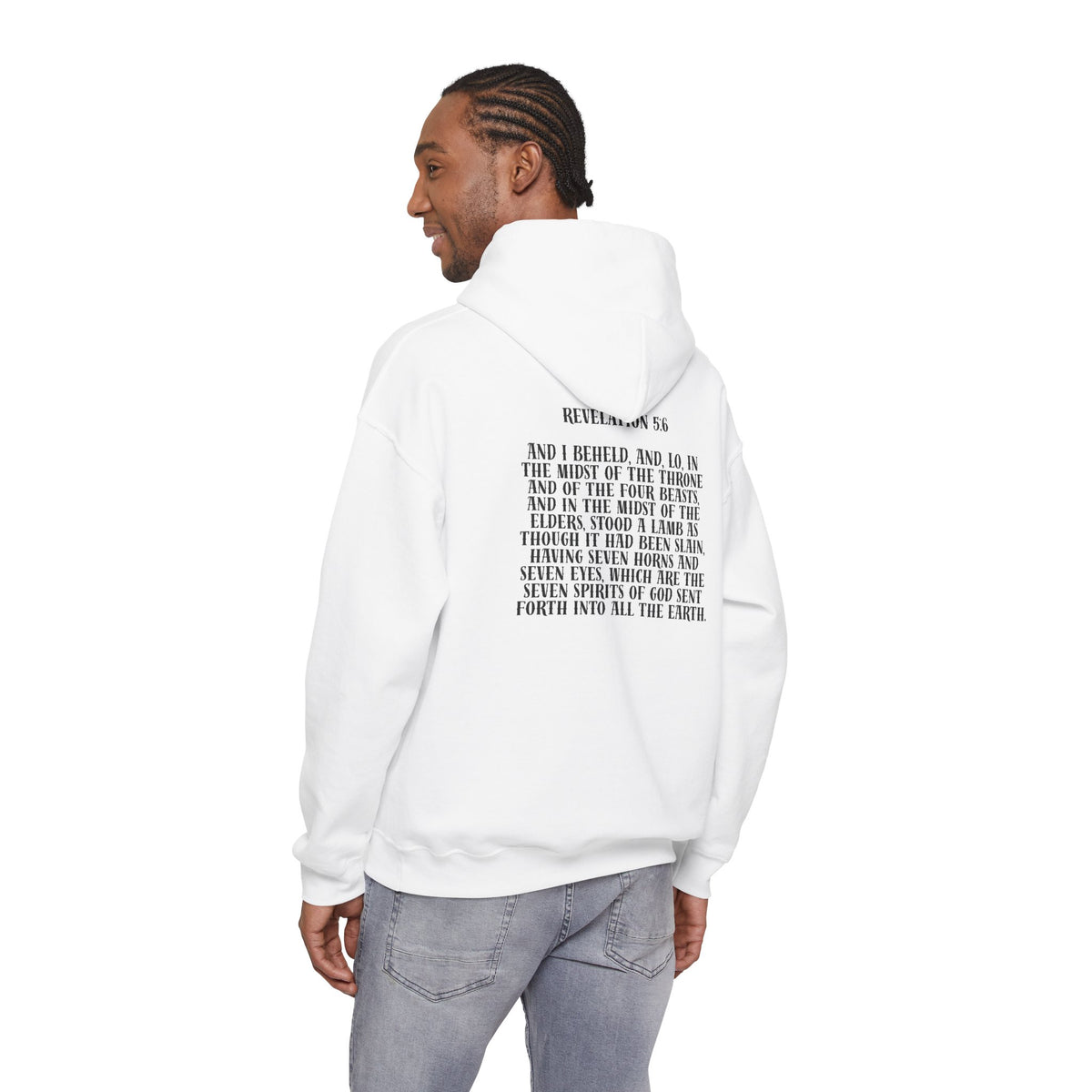 Sacrificial Lamb Hoodie with Revelation 5:6 Scripture Back Print