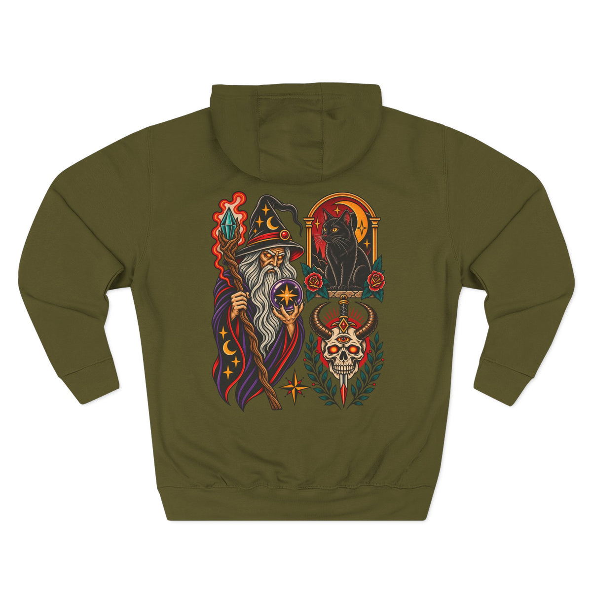 Wizard, Black Cat & Skull Tattoo Flash Pullover Hoodie (Back Design)
