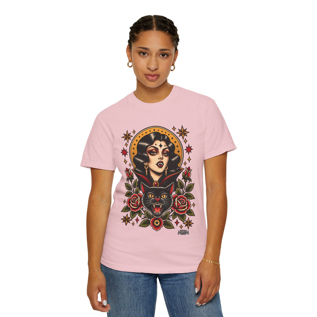 Vampire Woman & Black Cat Tattoo Flash T‑Shirt