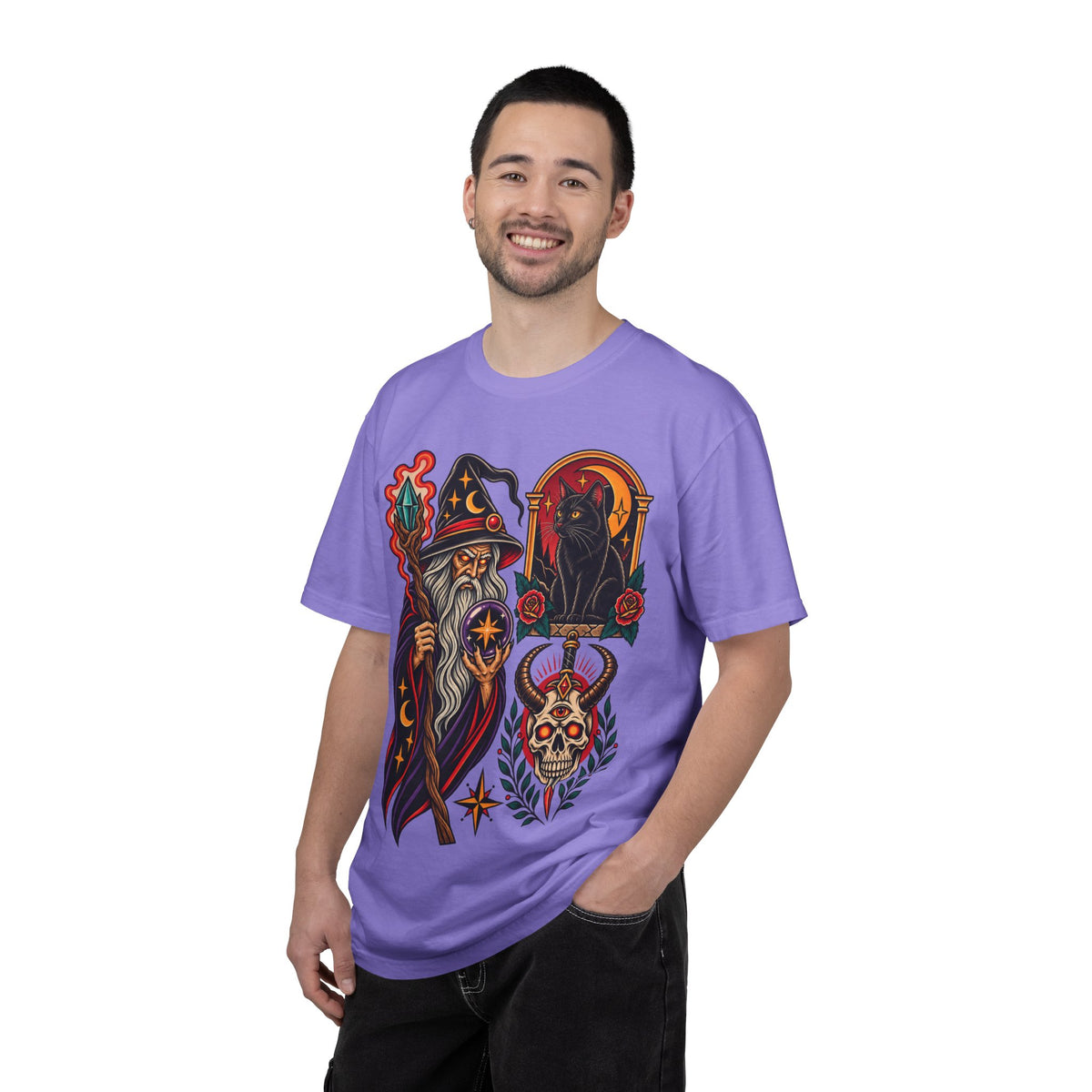 Wizard & Black Cat Tattoo Flash T-Shirt