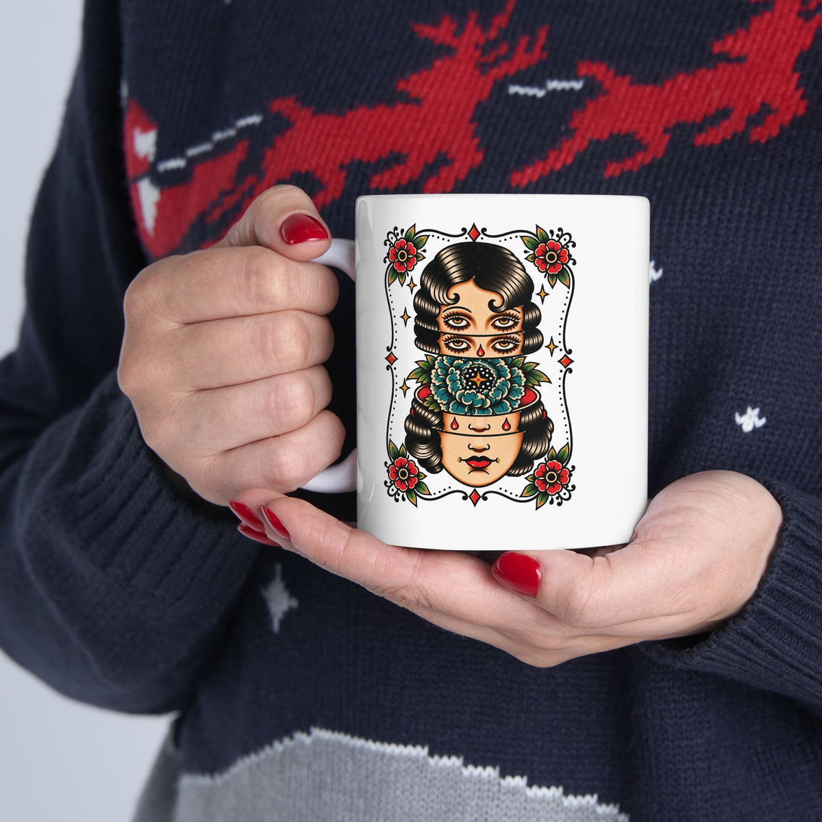 Floral Surreal Woman Tattoo Flash Ceramic Coffee Mug (11oz, 15oz)