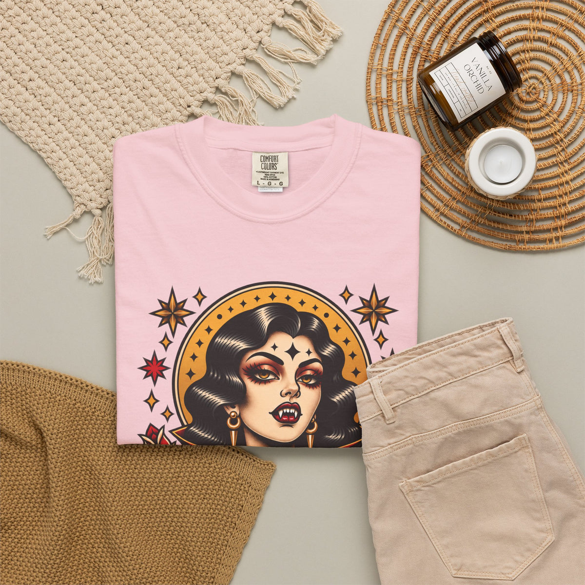 Vampire Woman & Black Cat Tattoo Flash T‑Shirt