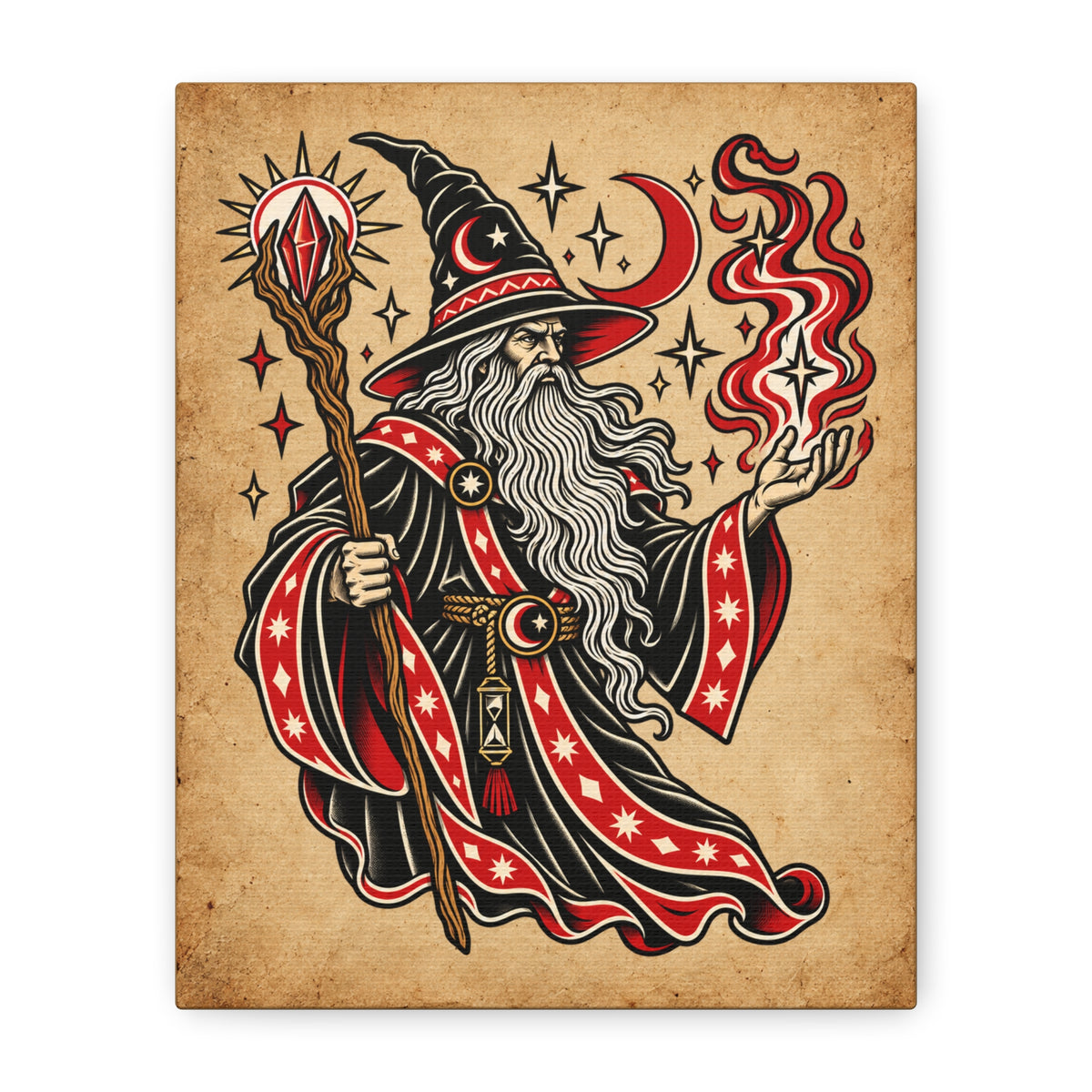 Fire Wizard Tattoo Flash Canvas Wall Art