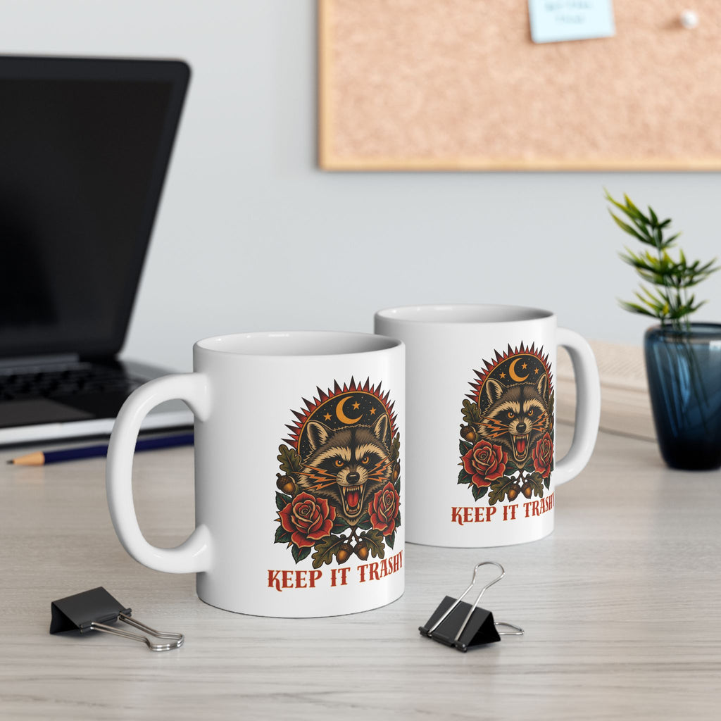 Keep It Trashy Raccoon Tattoo Flash Ceramic Coffee Cup
