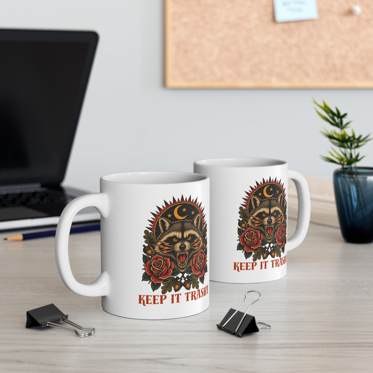 Keep It Trashy Raccoon Tattoo Flash Ceramic Coffee Cup