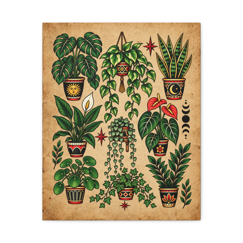 House Plant Botanical Tattoo Flash Canvas Wall Art