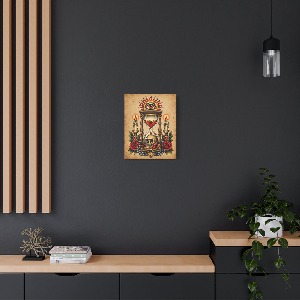Hourglass & Skull Tattoo Flash Canvas Wall Art