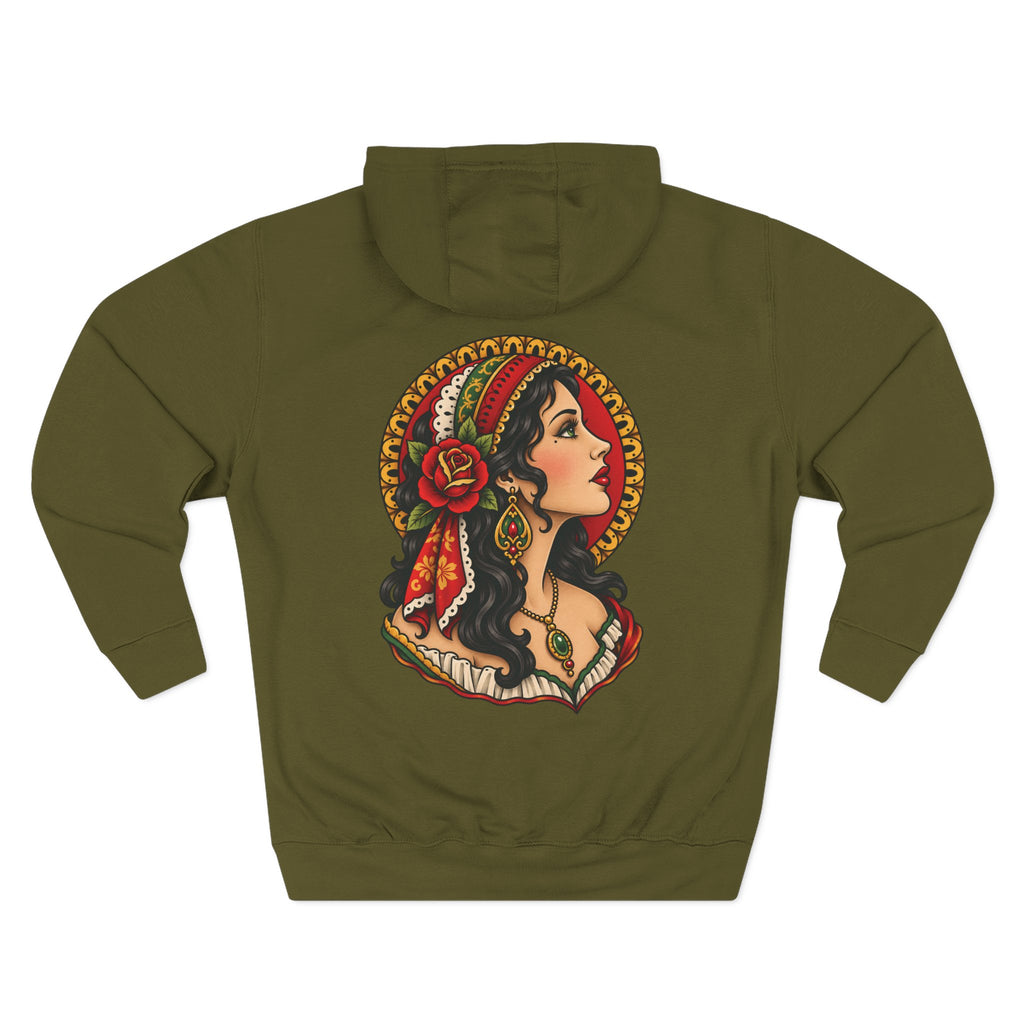 Esmeralda Gypsy Tattoo Flash Pullover Hoodie (Back Design)