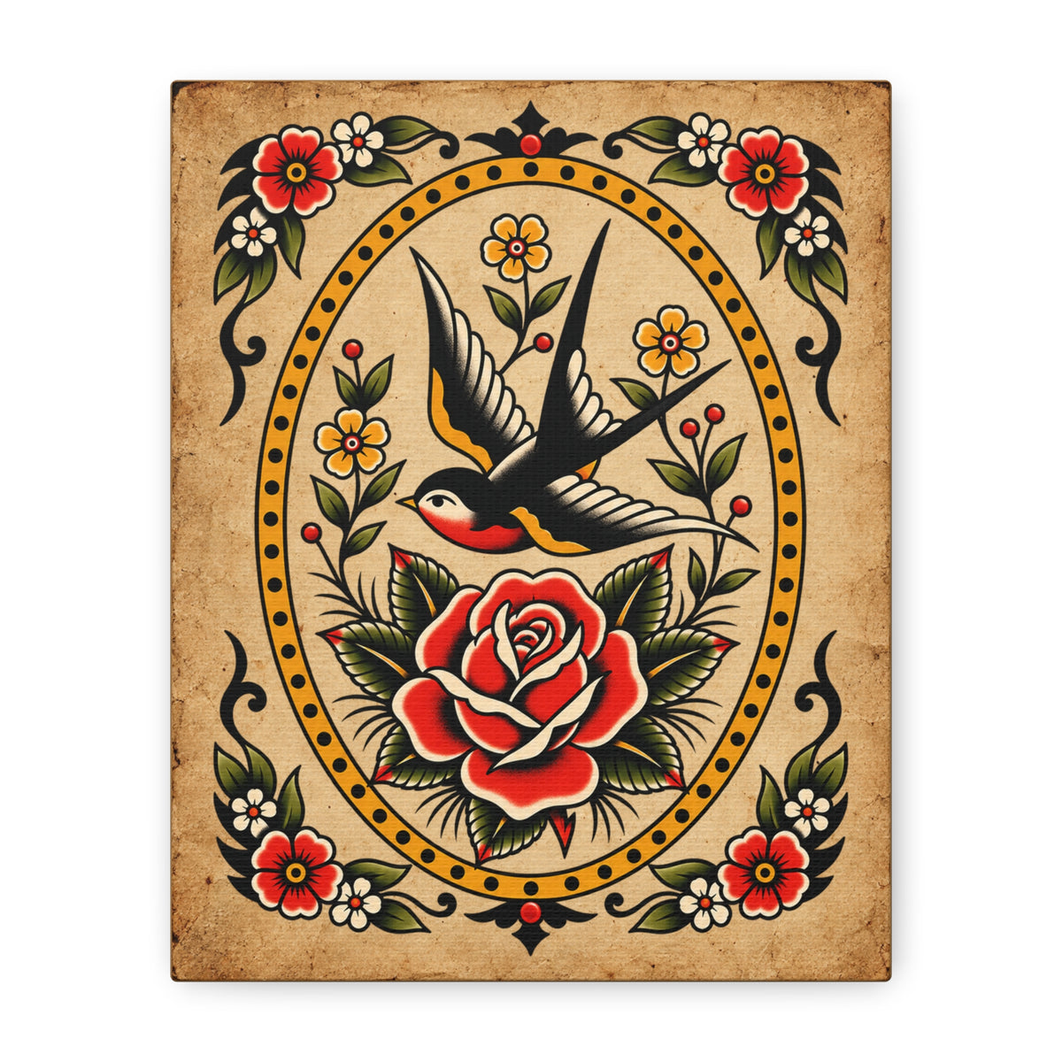 American Traditional Swallow & Rose Tattoo Flash Wall Art