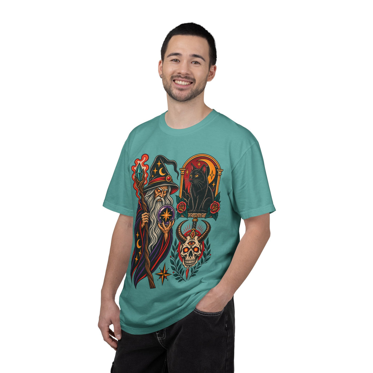 Wizard & Black Cat Tattoo Flash T-Shirt
