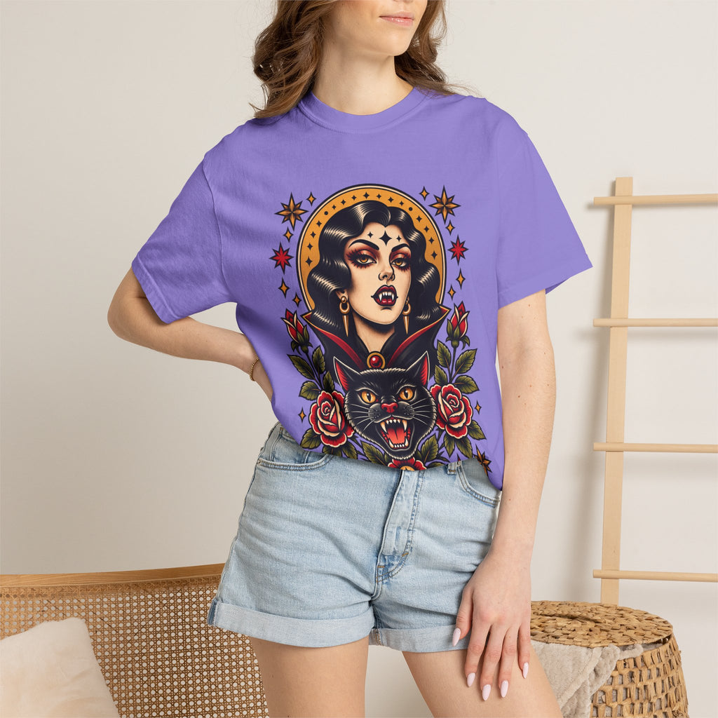 Vampire Woman & Black Cat Tattoo Flash T‑Shirt