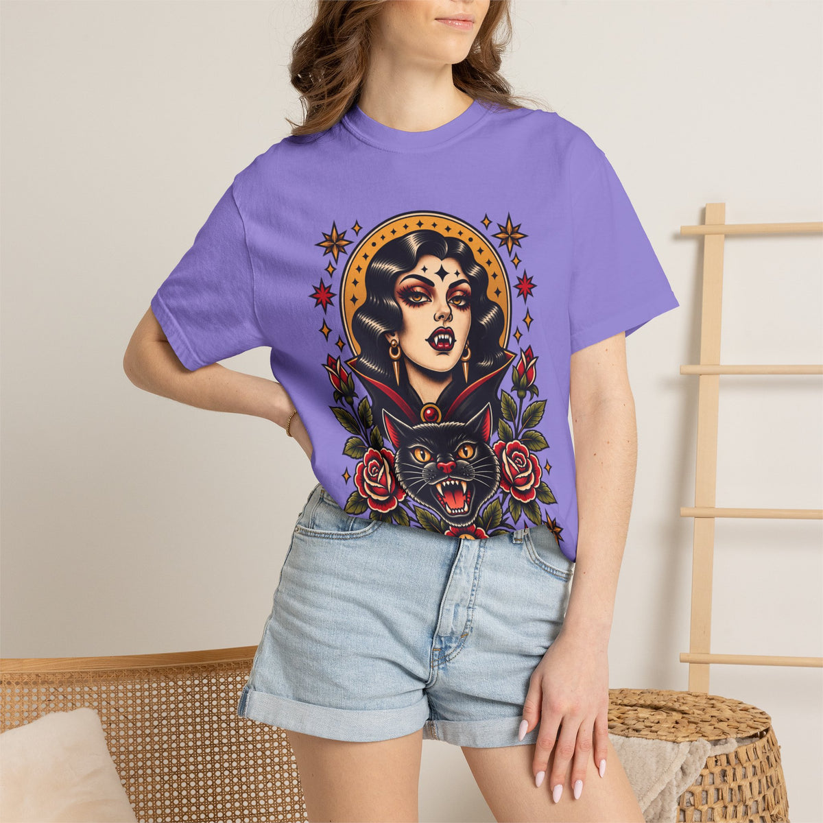 Vampire Woman & Black Cat Tattoo Flash T‑Shirt