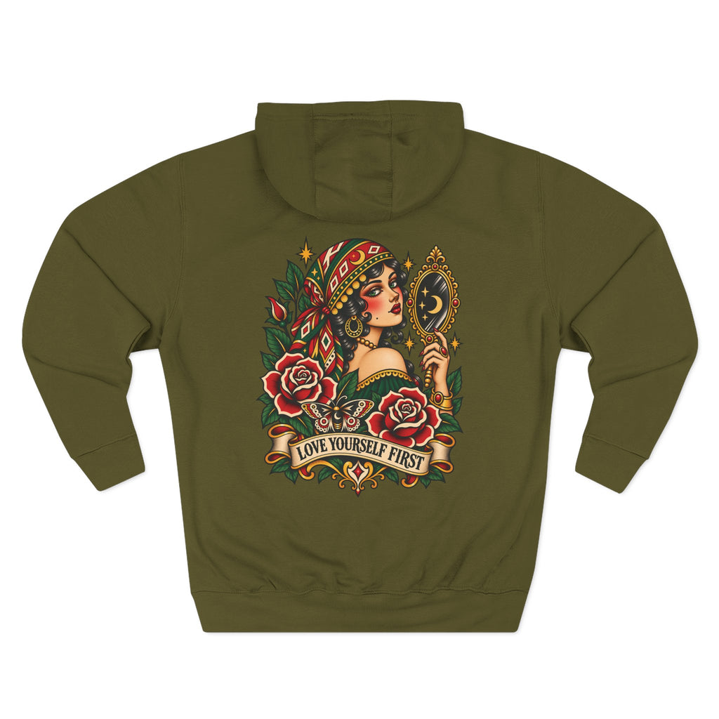 Love Yourself First Gypsy Woman Tattoo Flash Pullover Hoodie (Back Design)