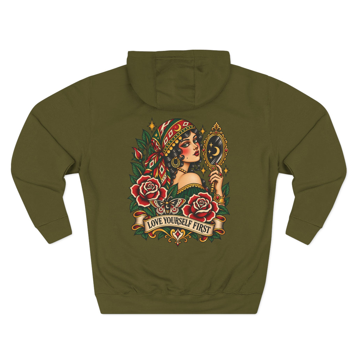 Love Yourself First Gypsy Woman Tattoo Flash Pullover Hoodie (Back Design)