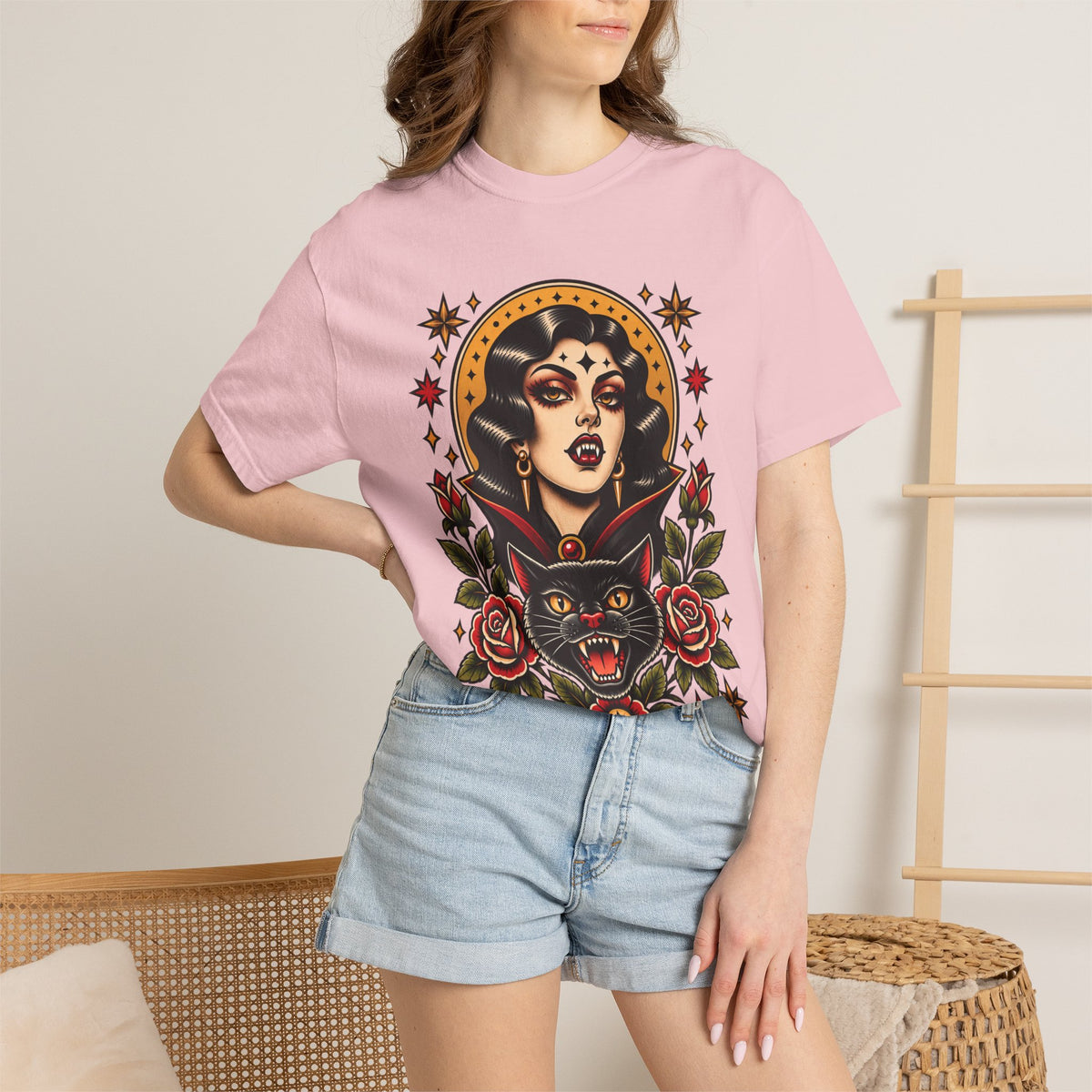 Vampire Woman & Black Cat Tattoo Flash T‑Shirt