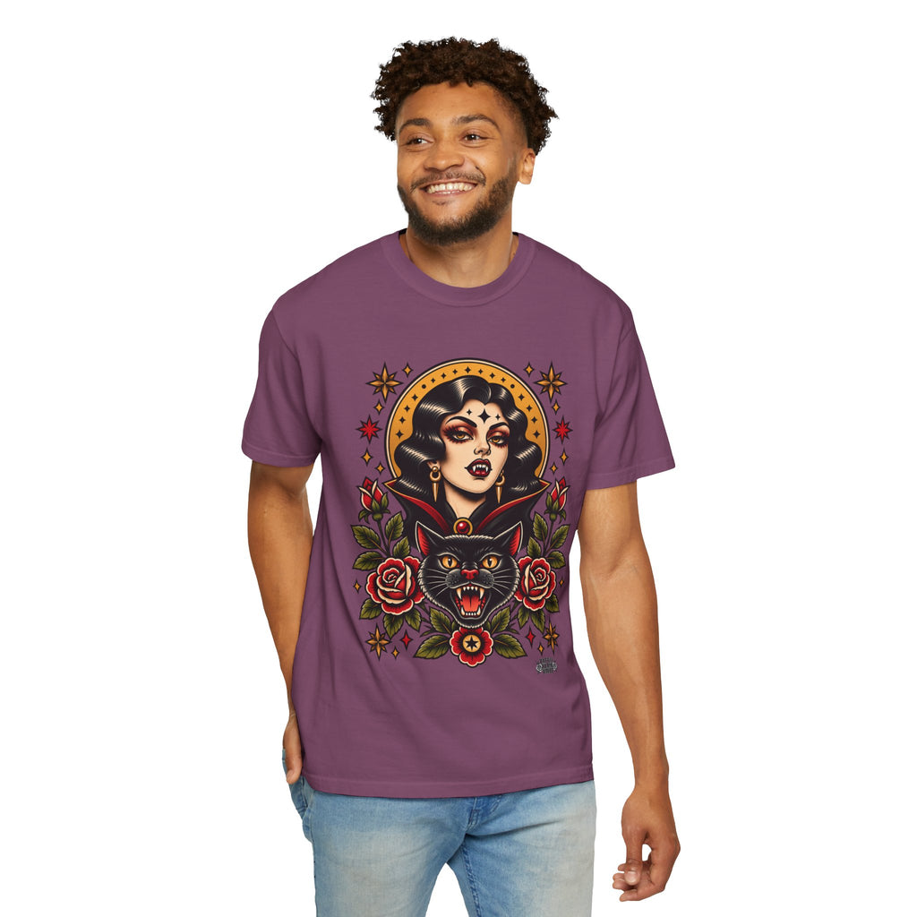Vampire Woman & Black Cat Tattoo Flash T‑Shirt
