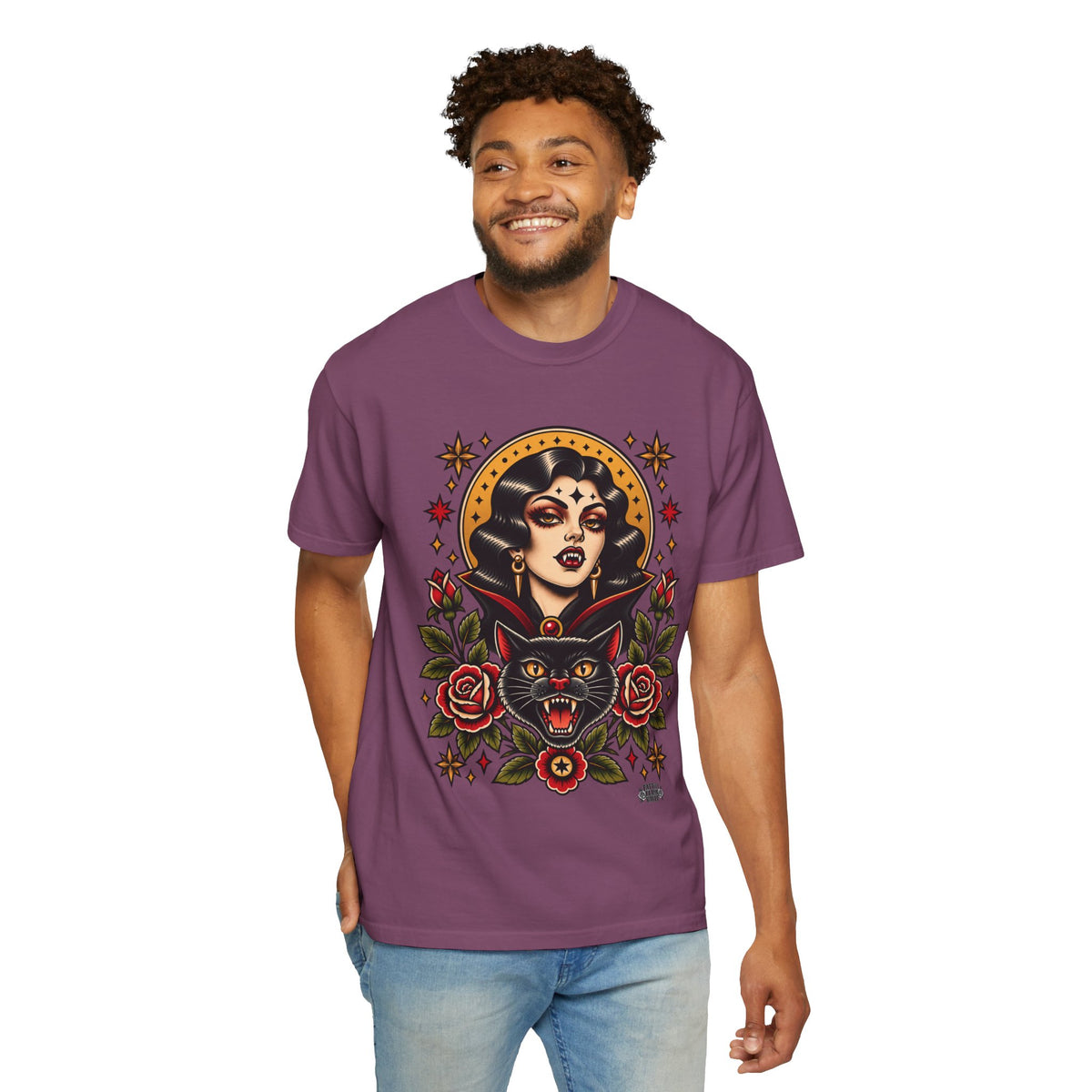 Vampire Woman & Black Cat Tattoo Flash T‑Shirt
