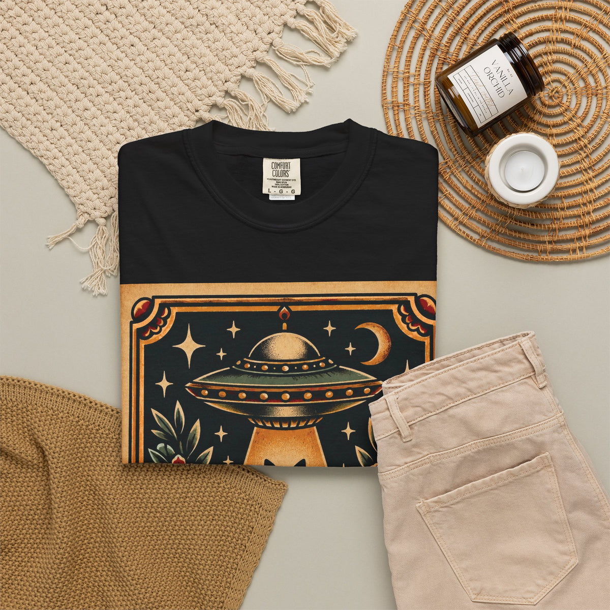 UFO & Black Cat Tattoo Flash Sheet T-Shirt