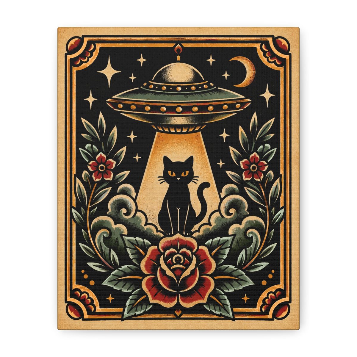 UFO & Black Cat Tattoo Flash Canvas Wall Art