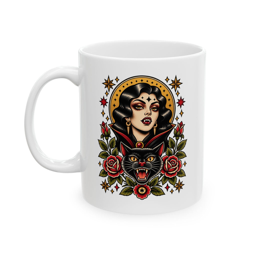 Vampire Woman & Black Cat Tattoo Flash Coffee Mug (11oz & 15oz)