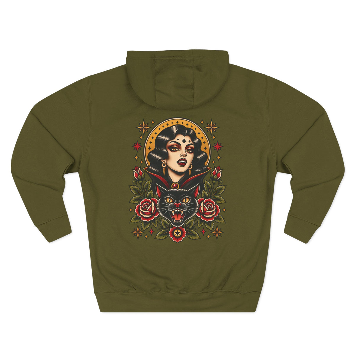 Vampire Woman & Black Cat Tattoo Flash Pullover Hoodie (Back Design)