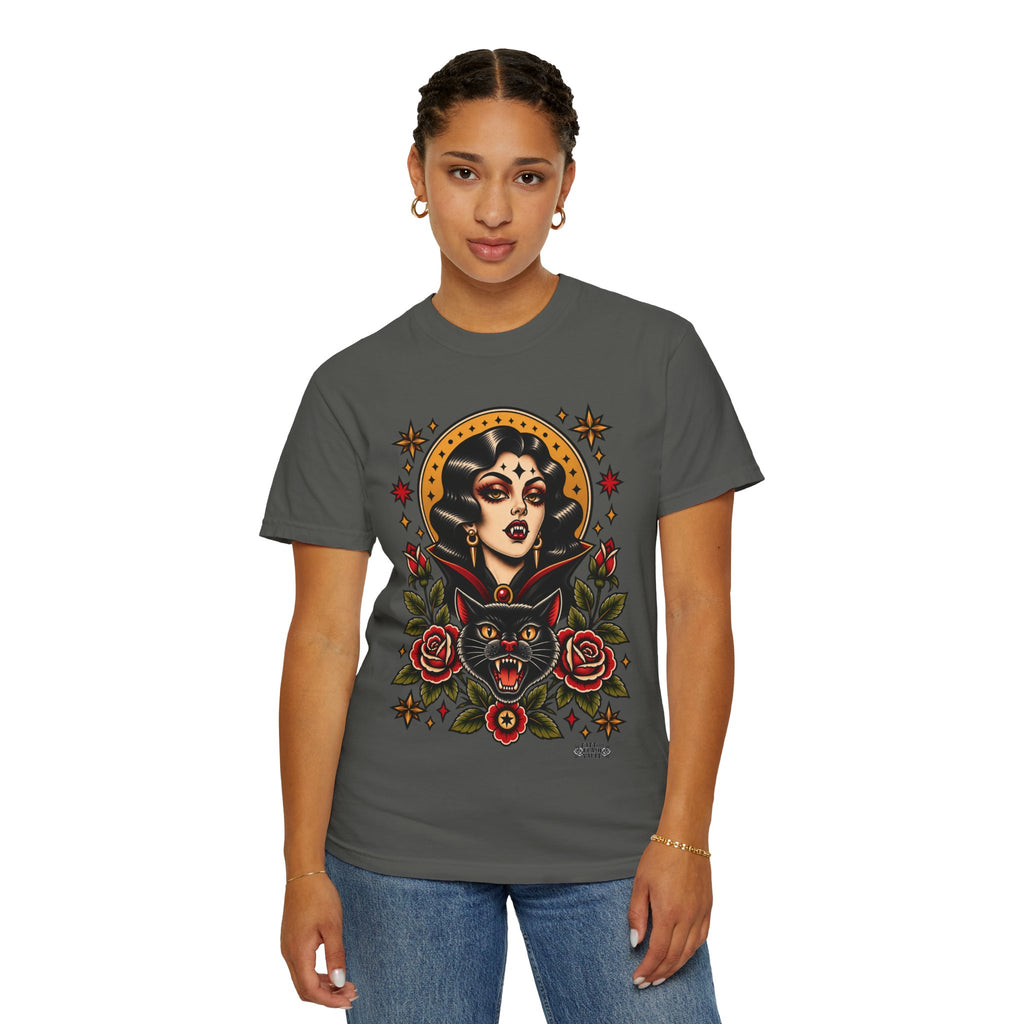 Vampire Woman & Black Cat Tattoo Flash T‑Shirt