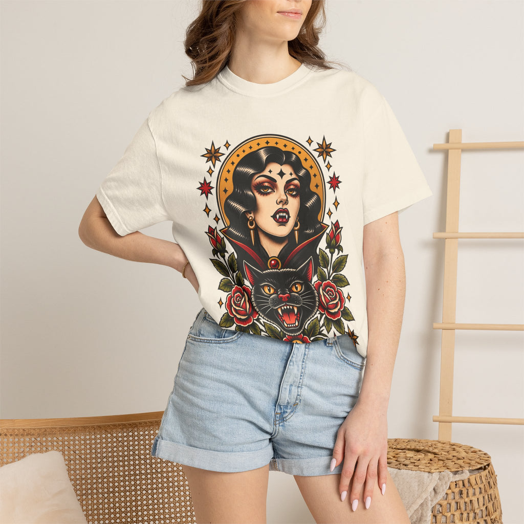 Vampire Woman & Black Cat Tattoo Flash T‑Shirt
